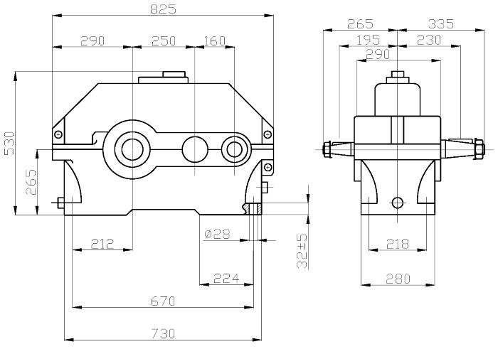 Габаритные и присоединительные размеры редуктора 1Ц2У-250 (Ц2У-250)